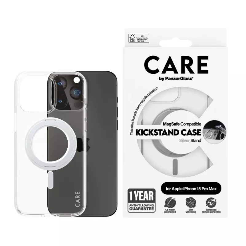 PanzerGlass CARE™ by ® Case Transparent mit silbernem Kickstand & MagSafe iPhone 15 Pro Max