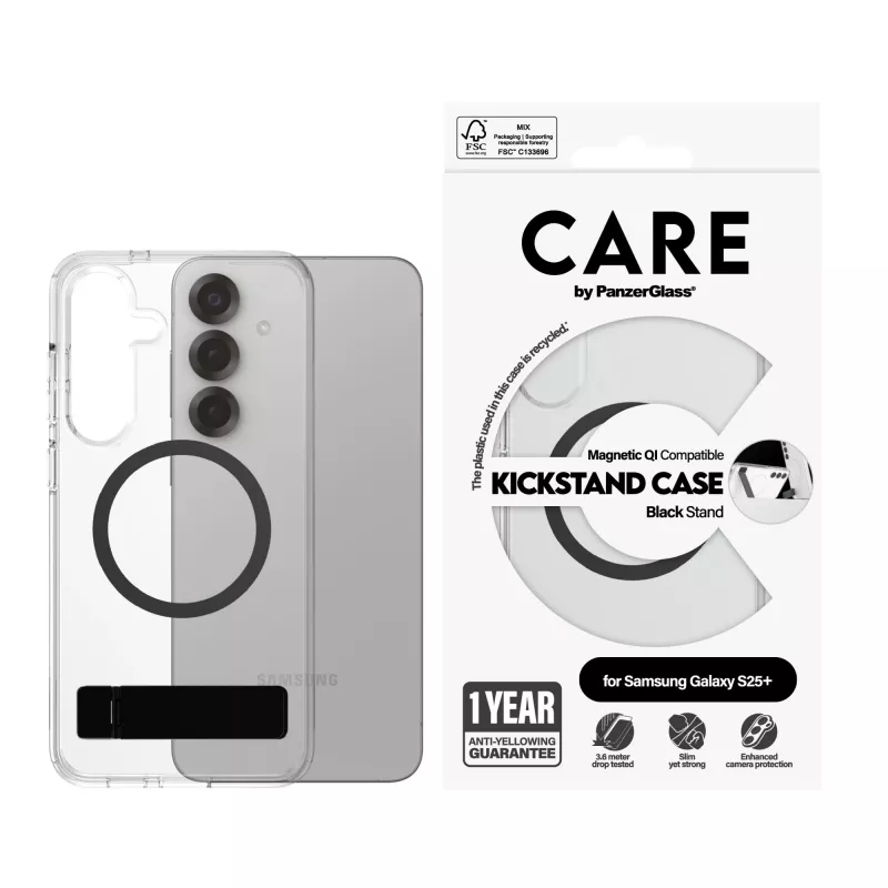 PanzerGlass CARE™ by ® Hülle transparent mit schwarzer Standfuß & Qi kompatibel Samsung Galaxy S25+