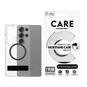 “PanzerGlass CARE™” by ”®” Hülle transparent mit schwarzem Aufsteller und Qi-kompatibel “Samsung Galaxy S25 Ultra”