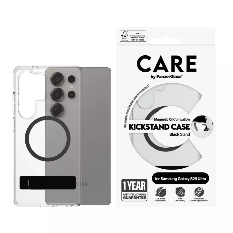 “PanzerGlass CARE™” by ”®” Hülle transparent mit schwarzem Aufsteller und Qi-kompatibel “Samsung Galaxy S25 Ultra”