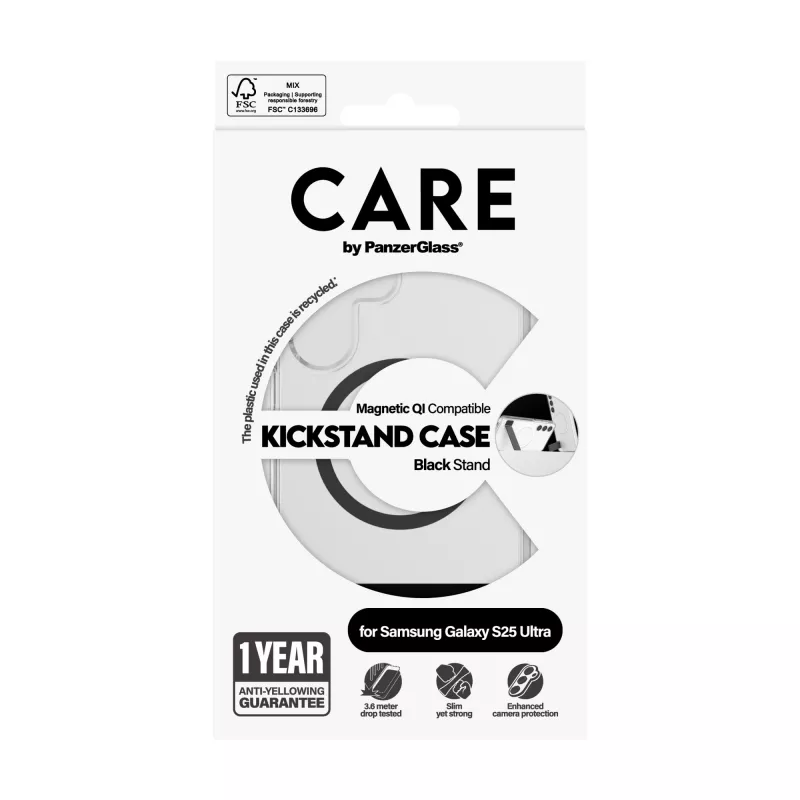 “PanzerGlass CARE™” by ”®” Hülle transparent mit schwarzem Aufsteller und Qi-kompatibel “Samsung Galaxy S25 Ultra”