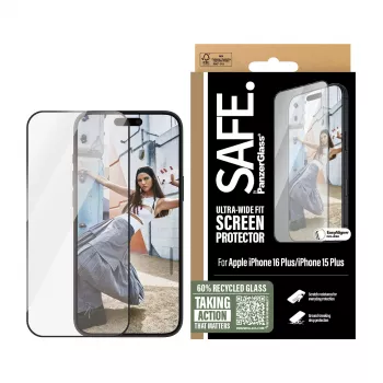 PanzerGlass SAFE. by ® Displayschutz mit schwarzem Rahmen iPhone 16 Plus | 15 Plus | Ultra-Wide Fit
