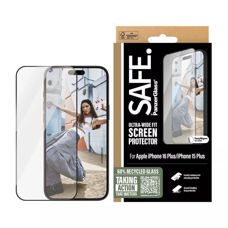 PanzerGlass SAFE. by ® Displayschutz mit schwarzem Rahmen iPhone 16 Plus | 15 Plus | Ultra-Wide Fit