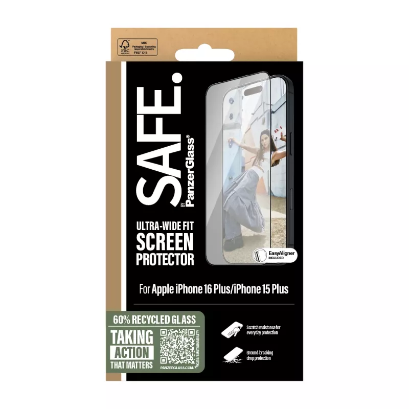 PanzerGlass SAFE. by ® Displayschutz mit schwarzem Rahmen iPhone 16 Plus | 15 Plus | Ultra-Wide Fit