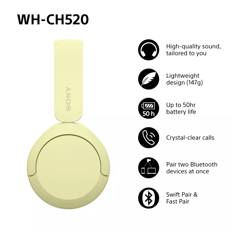 Sony WHCH520Y.CE7, Kabellos, Anrufe/Musik, 20 - 20000 Hz, 147 g, Headset, Gelb