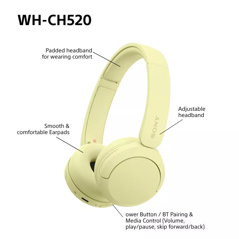 Sony WHCH520Y.CE7, Kabellos, Anrufe/Musik, 20 - 20000 Hz, 147 g, Headset, Gelb