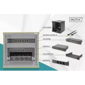 DIGITUS 10in Netzwerk-Bundle - 6HE-Schrank schwarz Fachboden PDU 8-Port-Switch CAT6 Patchpanel
