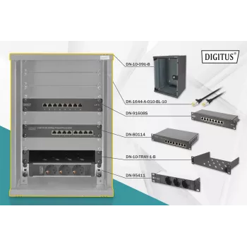 DIGITUS 10in network bundle incl. 9U cabinet Schwarz shelf PDU 8-port switch CAT6 patch panel
