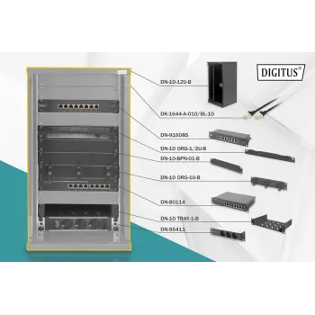 DIGITUS Netzwerk-Bundle, 10 Zoll, inkl. 12U Schrank, schwarz und verschiedene