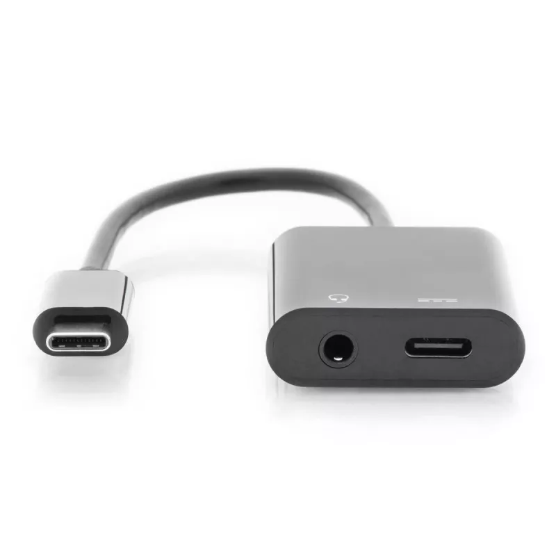 DIGITUS USB Type-C Splitterkabel, Typ C – 3,5 mm + Typ C M/F/F, 20 cm Schwarz
