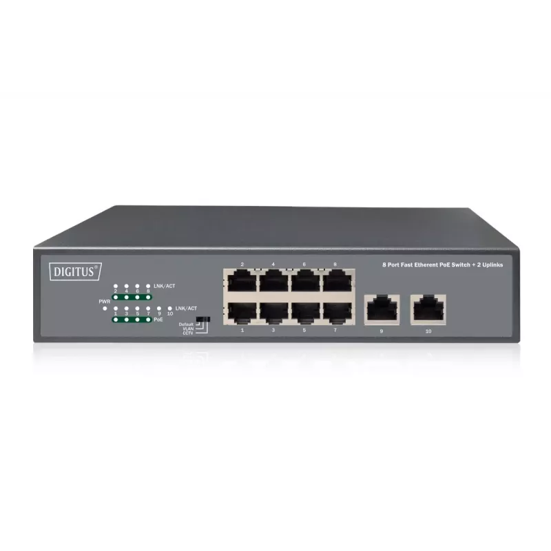 DIGITUS Fast Ethernet PoE af/at 8-Port-Switch + 2 Uplinks 120W PoE-Leistungsbudget, rackmontierbar