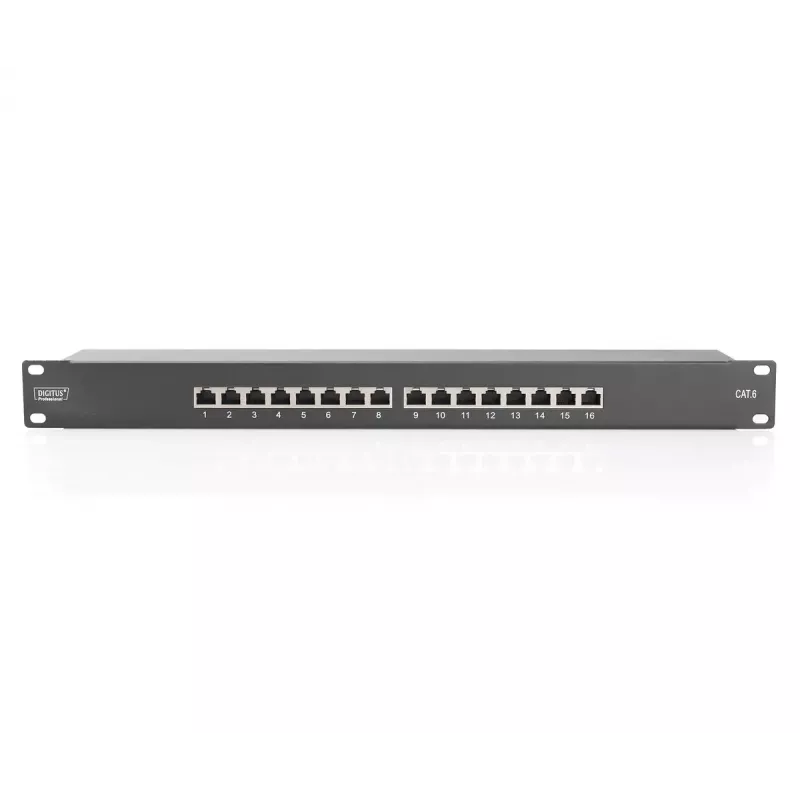 DIGITUS CAT6, Class E Patchpanel, geschirmt 16-Port RJ45, 8P8C, LSA, 1U, Rackmontage, Farbe schwarz RAL9005/482x44x109