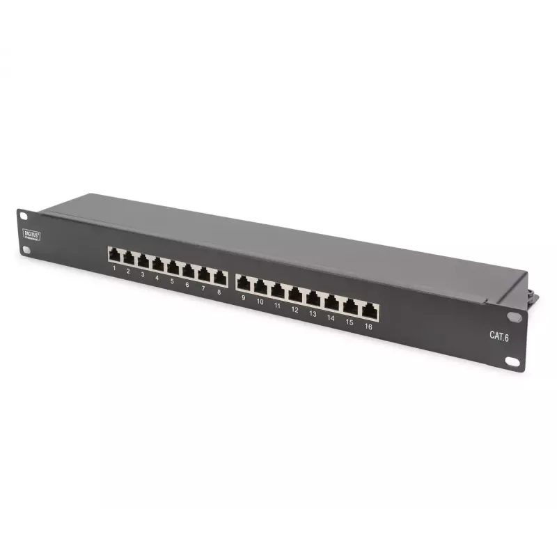 DIGITUS CAT6, Class E Patchpanel, geschirmt 16-Port RJ45, 8P8C, LSA, 1U, Rackmontage, Farbe schwarz RAL9005/482x44x109