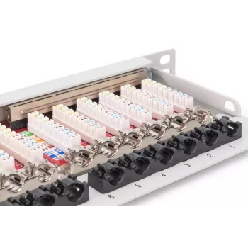 DIGITUS Patchpanel CAT6A EA geschirmt, 24-Port RJ45 Staubschutz, 8P8C, 0,5U, grau RAL 7035