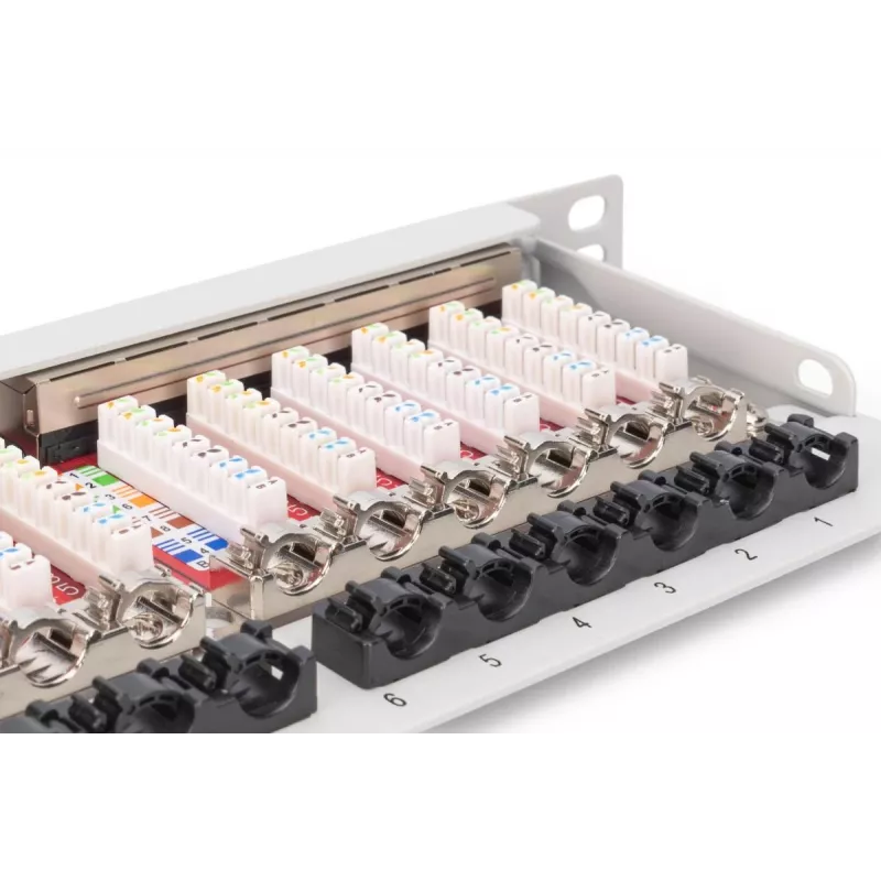 DIGITUS Patchpanel CAT6A EA geschirmt, 24-Port RJ45 Staubschutz, 8P8C, 0,5U, grau RAL 7035