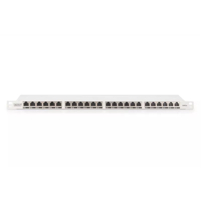 DIGITUS Patchpanel CAT6A EA geschirmt, 24-Port RJ45 Staubschutz, 8P8C, 0,5U, grau RAL 7035