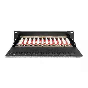 DIGITUS CAT6A Patchpanel, geschirmt, 12-Port Beschriftungsfeld, 1U, 10 Zoll Rackmontage, schwarz RAL 9005