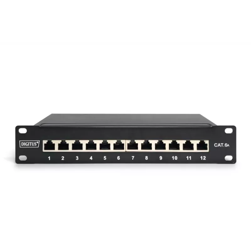DIGITUS CAT6A Patchpanel, geschirmt, 12-Port Beschriftungsfeld, 1U, 10 Zoll Rackmontage, schwarz RAL 9005