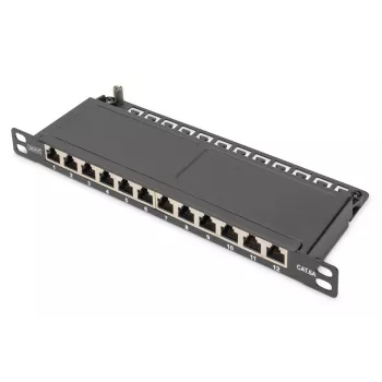 DIGITUS CAT6A Patchpanel, geschirmt, 12-Port, 1/2U, 10 Zoll Rackeinbau, schwarz RAL 9005