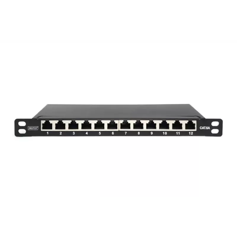 DIGITUS CAT6A Patchpanel, geschirmt, 12-Port, 1/2U, 10 Zoll Rackeinbau, schwarz RAL 9005