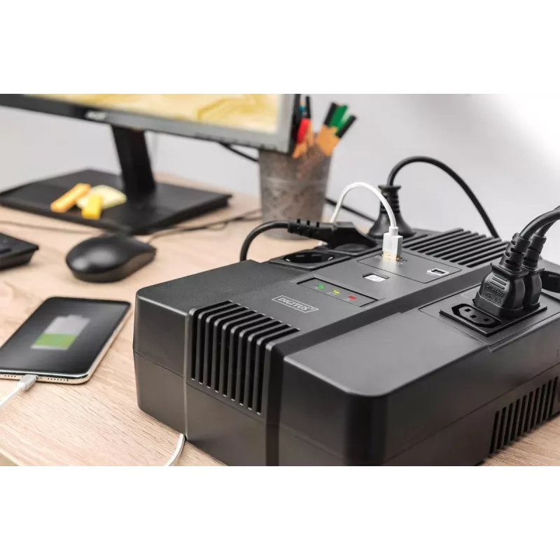 DIGITUS ALLINONE UPS 800VA/480W LED 12V 9AH 4XCEE 7/7 3XIEC C13 USB RJ45
