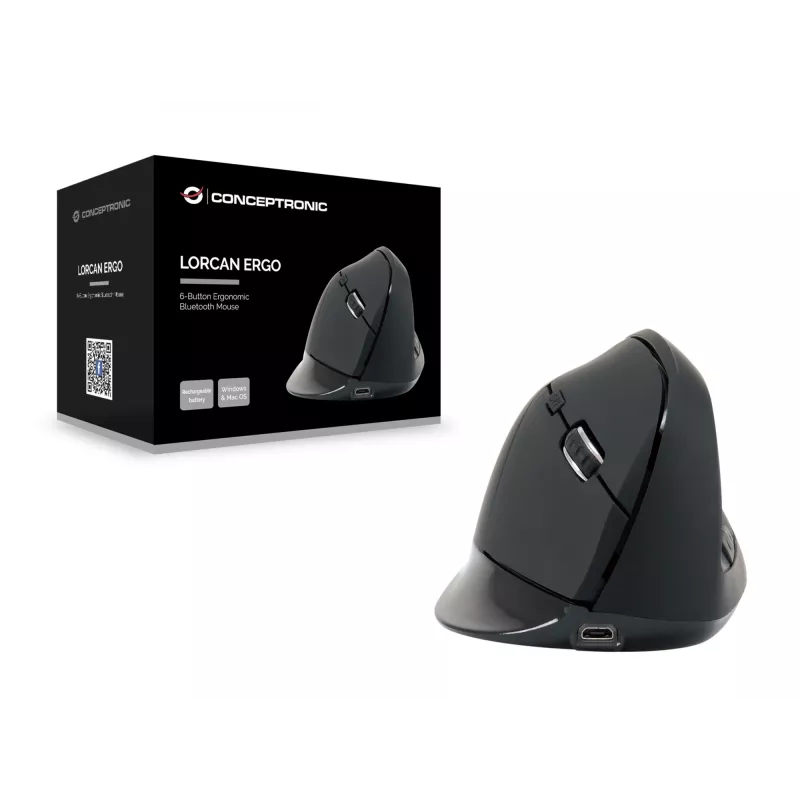 Conceptronic LORCAN ERGO 6-Tasten Ergonomische Bluetooth-Maus, Rechtshänder, Vertikales Design, Optisch, Bluetooth, 1600 DPI, Schwarz