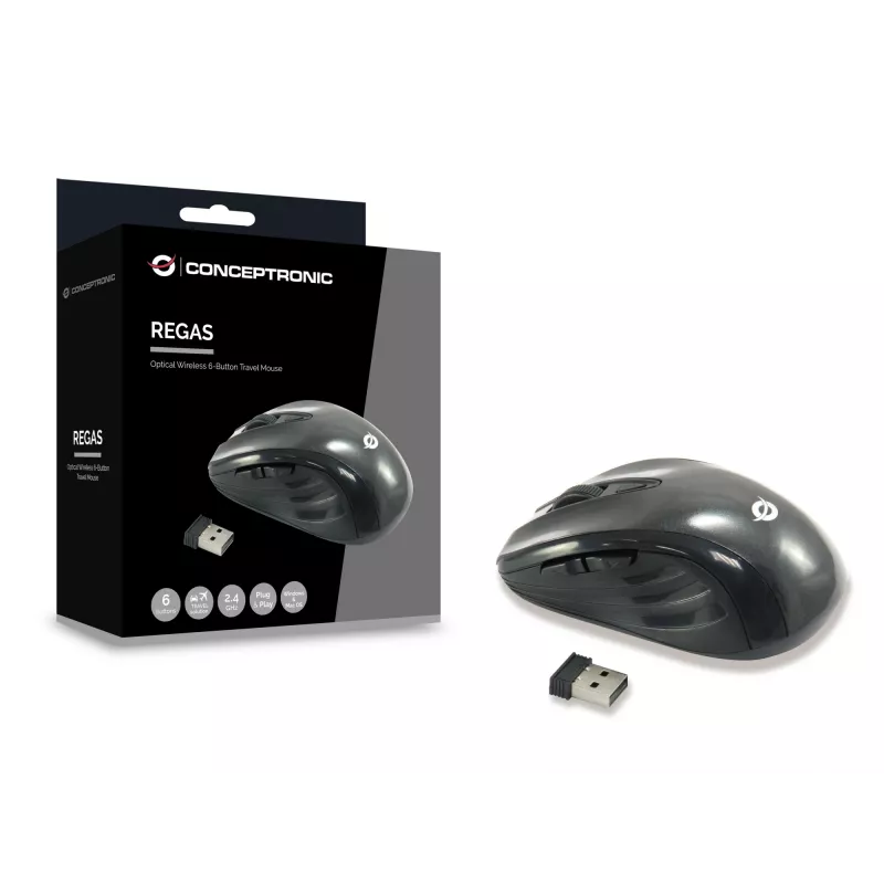 Conceptronic CLLM5BTRVWL kabellose 6-Tasten-Reisemaus, für Rechtshänder, optisch, RF Wireless, 1600 DPI, Schwarz