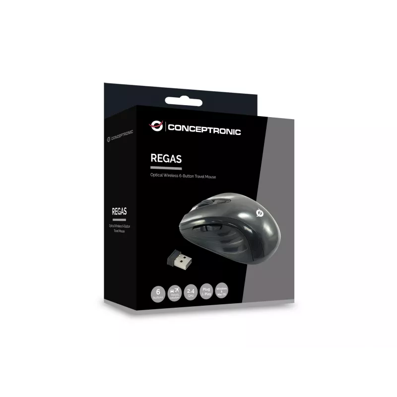 Conceptronic CLLM5BTRVWL kabellose 6-Tasten-Reisemaus, für Rechtshänder, optisch, RF Wireless, 1600 DPI, Schwarz