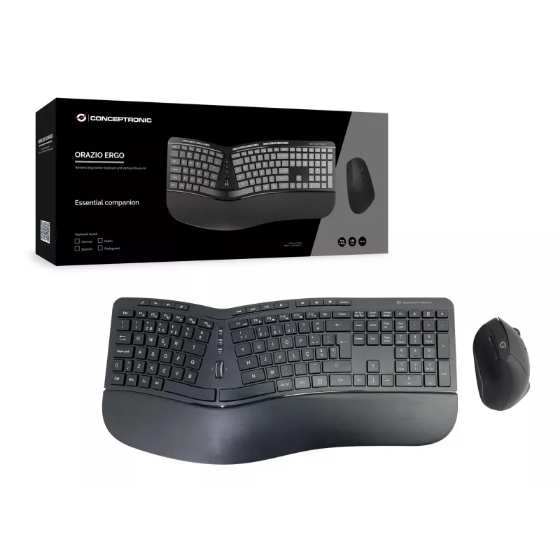 Conceptronic ORAZIO ERGO kabelloses ergonomisches Tastatur- und Maus-Set, portugiesisches Layout