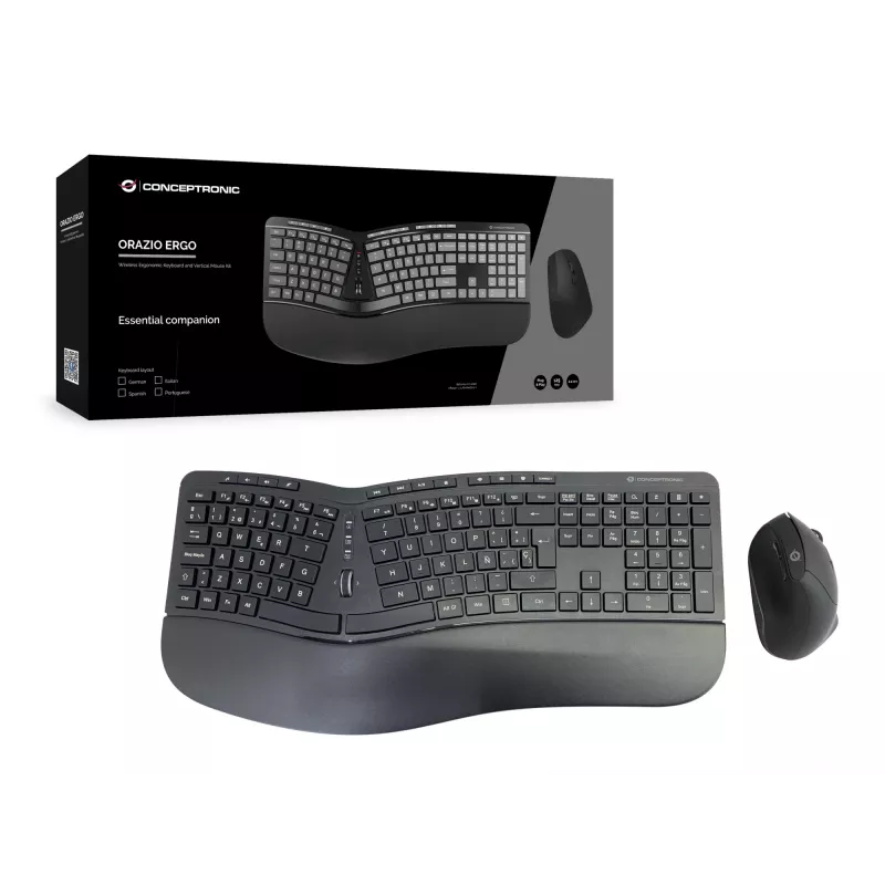 Conceptronic ORAZIO ERGO Kabelloses ergonomisches Tastatur- und Maus-Set, spanisches Layout