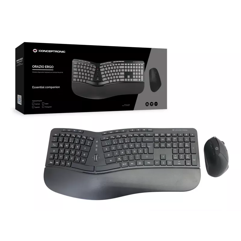 Conceptronic ORAZIO ERGO Kabelloses ergonomisches Tastatur- und Maus-Set, deutsches Layout