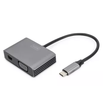 DIGITUS USB-C - mini DP + VGA Adapter, 20 cm 4K/30Hz, Silber, Aluminiumgehäuse
