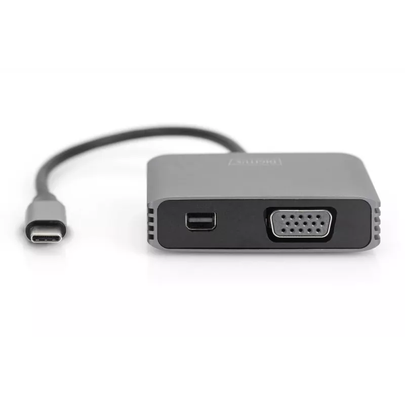 DIGITUS USB-C - mini DP + VGA Adapter, 20 cm 4K/30Hz, Silber, Aluminiumgehäuse