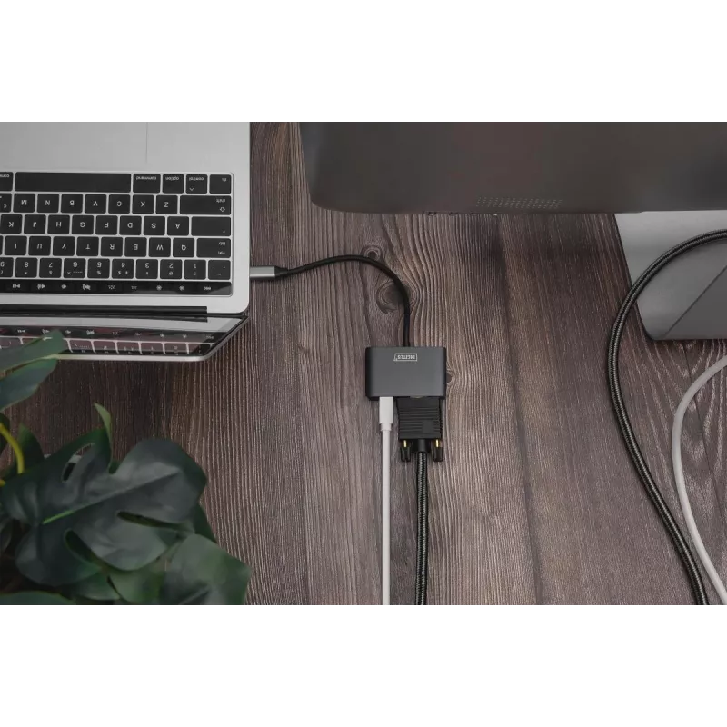 DIGITUS USB-C - mini DP + VGA Adapter, 20 cm 4K/30Hz, Silber, Aluminiumgehäuse