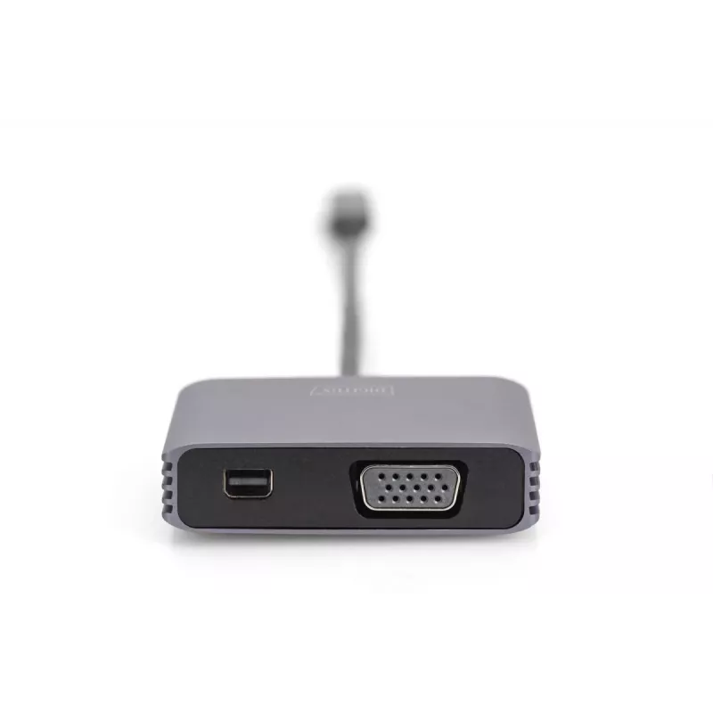 DIGITUS USB-C - mini DP + VGA Adapter, 20 cm 4K/30Hz, Silber, Aluminiumgehäuse