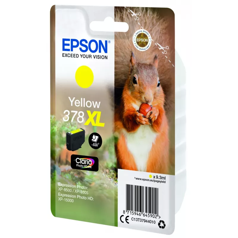 Epson Squirrel Einzelpackung Gelb 378XL Claria Photo HD Tinte, Hohe (XL) Reichweite, Gelb, Pigmenttinte, 9,3 ml, 1 Stk., 830 Seiten