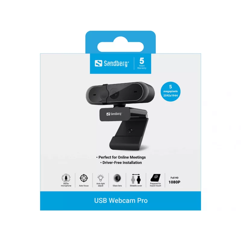 Sandberg USB Webcam Pro, 5 MP, 2592 x 1944 Pixel, Full HD, 30 fps, 1920x1080@30fps, 2595x1944@30fps, 1080p