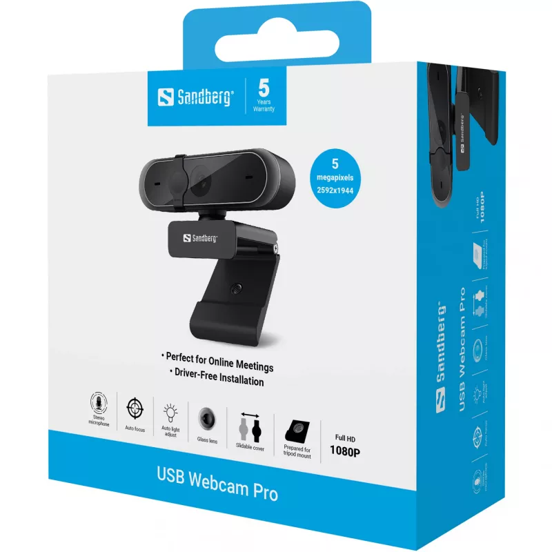 Sandberg USB Webcam Pro, 5 MP, 2592 x 1944 Pixel, Full HD, 30 fps, 1920x1080@30fps, 2595x1944@30fps, 1080p
