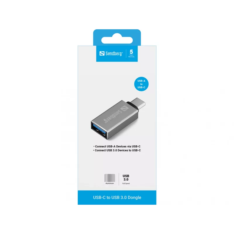 Sandberg USB-C auf USB 3.0 Dongle, USB 3.2 Gen 1 (3.1 Gen 1) Type-C, USB 3.2 Gen 1 (3.1 Gen 1) Type-A, Silber, Aluminium, 5 g, 80 mm