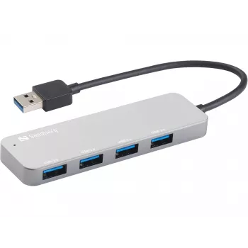 Sandberg USB 3.0 Hub 4 Ports SAVER, USB 3.2 Gen 1 (3.1 Gen 1) Typ-A, USB 3.2 Gen 1 (3.1 Gen 1) Typ-A, 5000 Mbit/s, Silber, Aluminium, 40 g