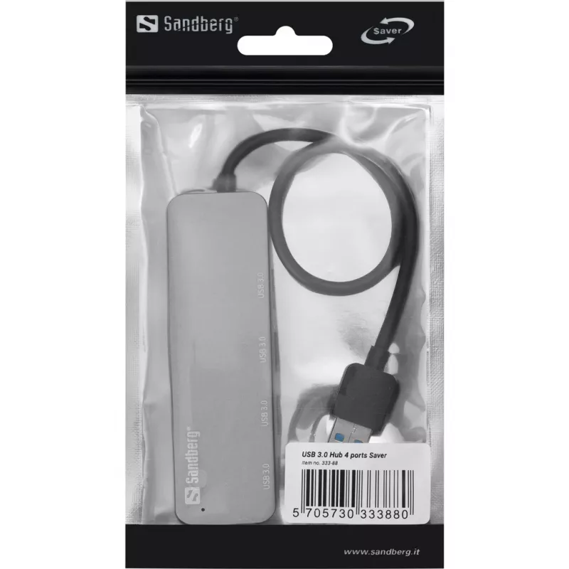 Sandberg USB 3.0 Hub 4 Ports SAVER, USB 3.2 Gen 1 (3.1 Gen 1) Typ-A, USB 3.2 Gen 1 (3.1 Gen 1) Typ-A, 5000 Mbit/s, Silber, Aluminium, 40 g
