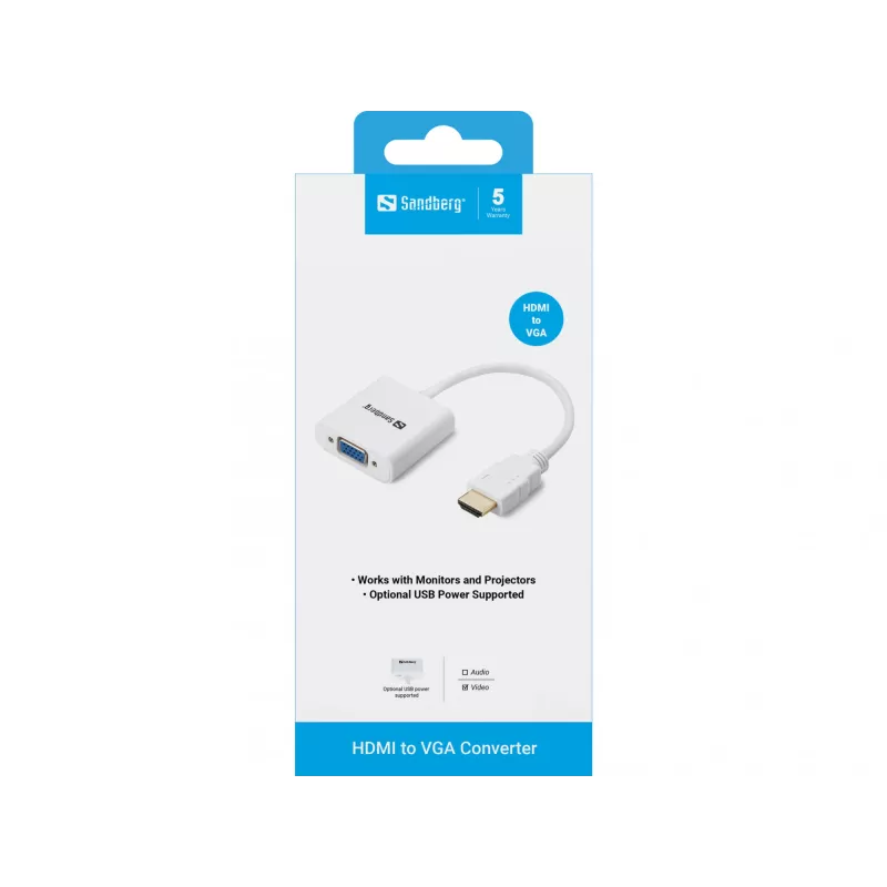 Sandberg HDMI-zu-VGA-Konverter, VGA (D-Sub), HDMI Typ A (Standard), Stecker, Buchse, Weiß, RoHS
