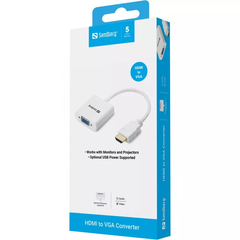 Sandberg HDMI-zu-VGA-Konverter, VGA (D-Sub), HDMI Typ A (Standard), Stecker, Buchse, Weiß, RoHS