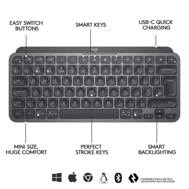 LOGITECH Minimalist Wireless Illuminated Tastatur - MX KEYS MINI - Graphite - Qwertz Deutsch