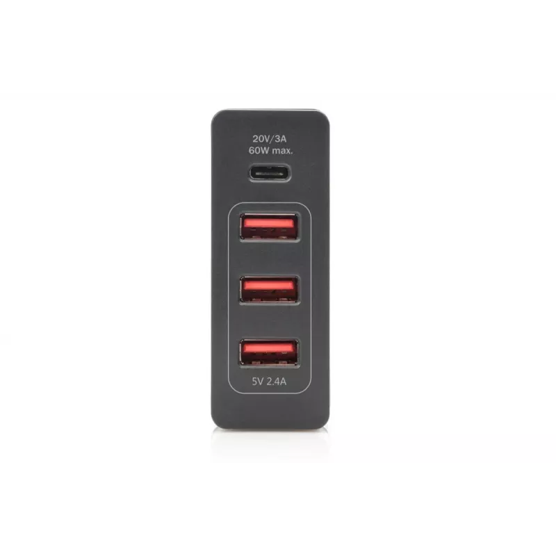 DIGITUS 4-Port USB-Ladegerät, 72 W 1x USB-C (PD) 5,9,15,20 V/3 A, 3x USB-A 5 V/2,4 A, schwarz