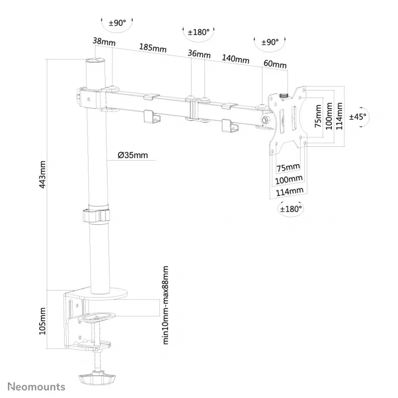Neomounts FPMA-D550Schwarz Monitorarm 10-32 Zoll, Tischklemme/Tischdurchführung, 8 kg, 25,4 cm (10 Zoll), 81,3 cm (32 Zoll), 100 x 100 mm, Schwarz