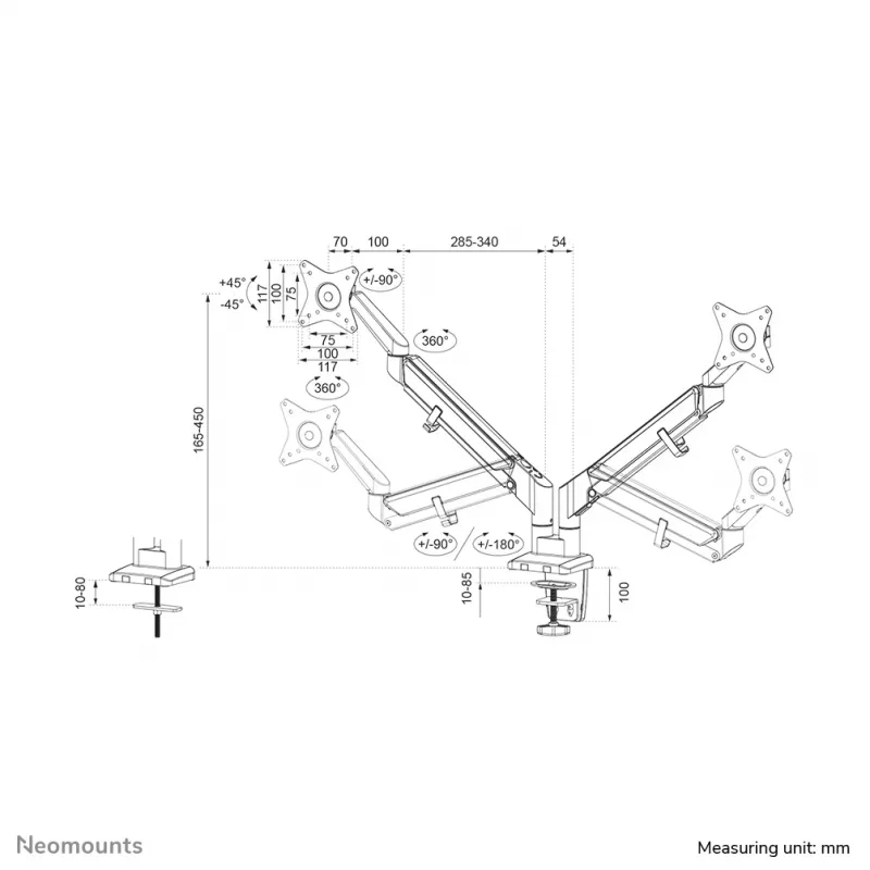 Neomounts DS70-810BL2 Monitorarm 17-32 Zoll – Gasfeder – platzsparend – 180°-Stopp