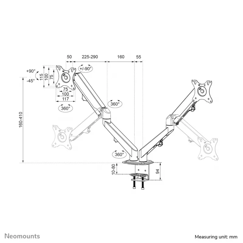 Neomounts DS70-700BL2 Monitorarm 17-27 Zoll - Gasfeder, Klemmhalterung, 7 kg, 43,2 cm (17 Zoll), 68,6 cm (27 Zoll), 100 x 100 mm, Schwarz