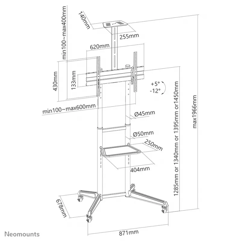 Neomounts FL50-550BL1 TV-Wagen 37-70 Zoll, Schwarz, Tragbarer Bodenständer, Edelstahl, 50 kg, 94 cm (37 Zoll), 177,8 cm (70 Zoll)