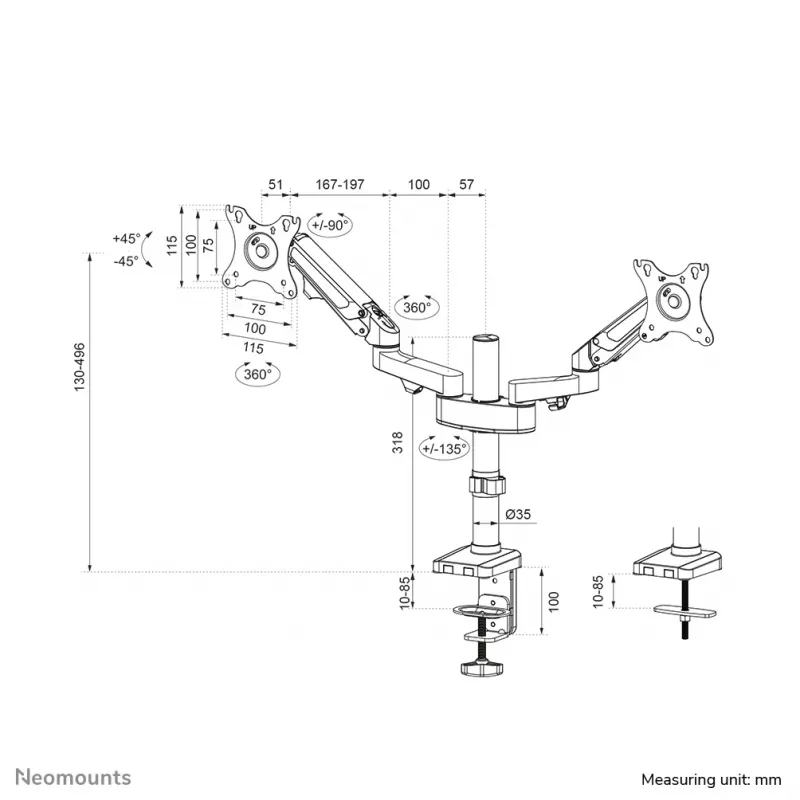 Neomounts DS70-750BL2 Monitorhalterung 17-27 Zoll - Gasdruckfeder, Klemme/Tischdurchführung, 7 kg, 43,2 cm (17 Zoll), 68,6 cm (27 Zoll), 100 x 100 mm, Schwarz